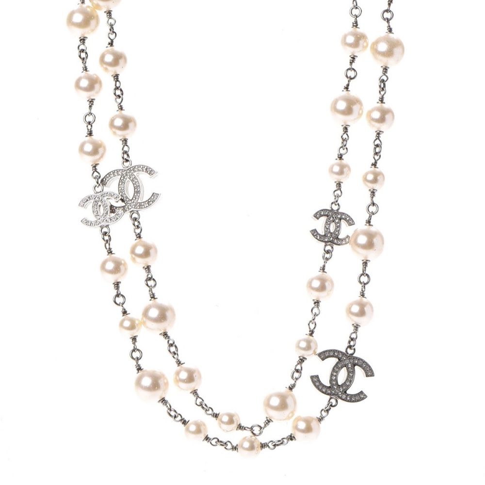 CHANEL Necklace Chain AUTH Coco 5 CC Logo Crystal Pearl 41 Inches
